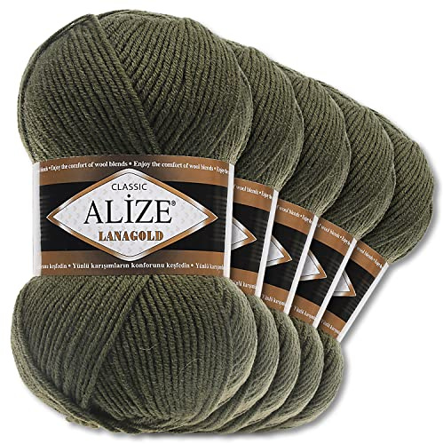 Wohnkult Alize 5 x 100 g Lanagold Wolle | 53 Auswahl | Stricken Häkeln Wolle (29 | Khaki)