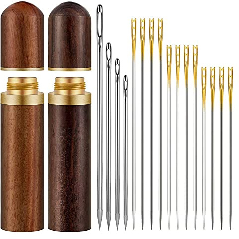 Pmandgk 2 unidades de agujas de madera con 24 agujas Nden y 4 agujas grandes de piel para coser a mano