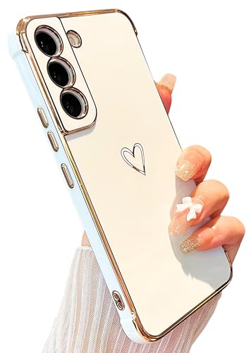 ZTOFERA Compatible with Samsung Galaxy S21 FE 5G (Not Fit S21) Case for Girls Women, Flexible Silicone Protective Phone Case with Cute Love Heart Pattern Plating Edging Shockproof Bumper Cover, White