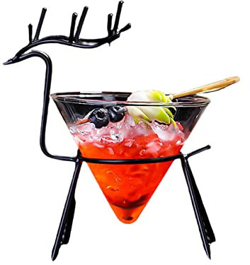 MISNODE Set di 2 bicchieri da cocktail unici Martini, bicchieri da cocktail creativi da 141,7 g, con supporto in metallo, cristallo senza stelo, nero