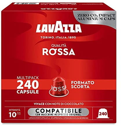 Lavazza, Qualità Rossa, 240 Capsule di Caffè in Alluminio Compatibili con Macchine Nespresso* Original, con Note di Cioccolato e Frutta Secca, Arabica e Robusta, Intensità 10/13, Tostatura Media