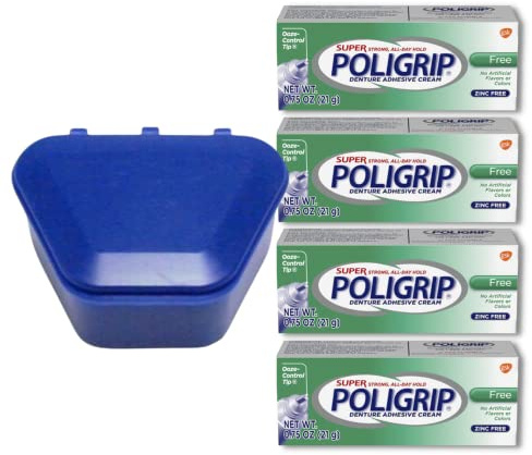 Polident Super Poligrip Denture Adhesive Bundle: 4 (Four) 0.75oz Tubes and 1 Chevaux Brand Denture Bath
