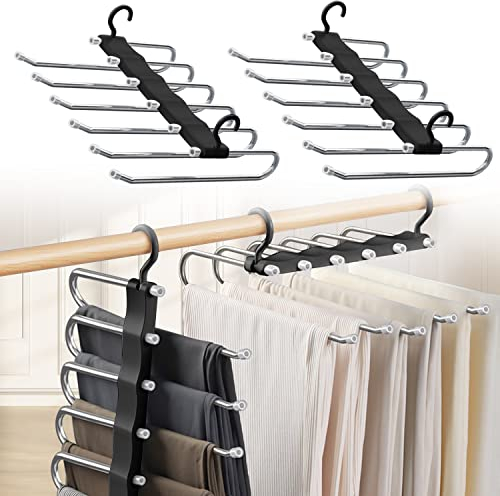 Sternstunde 6 in 1 Hosenbügel Platzsparend, Hosen Kleiderbügel aus Edelstahl Ausziehbar, Hosenhalter für Kleiderschrank, Magic Hanger Organizer für Hosen, Schals, Jeans, Kleidung (Schwarz-2pcs)
