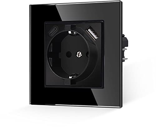 JIMEIDA Steckdose mit USB-A&C, Glas schwarz, 16A, 86x86mm | Steckdose, 2x USB (A+C) 2,1A, 16A, Glas Panel, Kindersicherung, Feuerfest, Unterputz, 86x86mm, schwarz