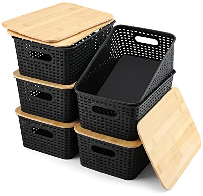 AREYZIN Storage Bins with Bamboo Lids Set of 6 Lidded Storage Container Plastic Baskets Organizer Bins for Organizing Kithen Room Bedroom Office Closet, Sturdy(Black)