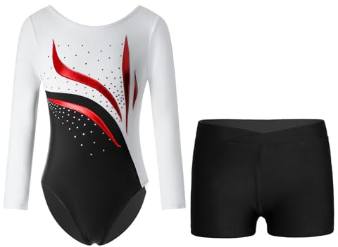 Oyolan Trikådräkt för barn, flicka, med strass, långärmad med shorts, gymnastikdräkt, dans, skridskoåkning, framträdanden, 5–14 år, 9-10 �r