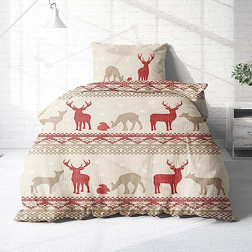 Träumschön Biber Bettwäsche Set 2tlg 135x200 cm + 80x80 cm – Flauschige Weihnachtsbettwäsche Rot – Weiche Winterbettwäsche mit Rentieren - Atmungsaktiv, Warm & Hautfreundlich - 100% Baumwolle