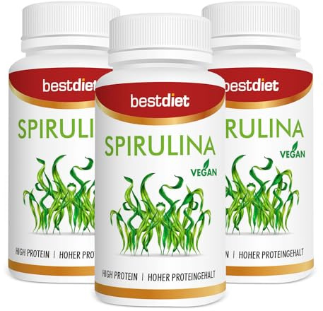 Best Diet - Spirulina-Kapseln, veganes Nahrungsergänzungsmittel mit hohem Proteingehalt. Packung mit 3 Flaschen mit 100 Kapseln