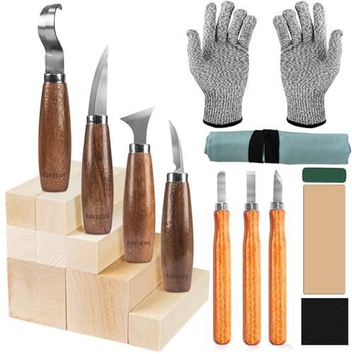 FANTICDE Ciseaux à Bois,20 in 1 Outils de Sculpture bois,Outillage Bois avec 7 Couteau Sculpture bois,8 Blocs de Tilleul,Professionnel/Junior Outil de Ciseaux a Bois Kit DIY avec Gants anti-coupure