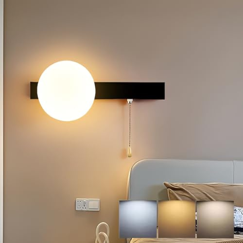 LED Wandleuchte Innen Dimmbar Wandlampe mit Zugschalter Modern Nachttischlampen Glaskugel Schlafzimmer Lampe G9 LED Birne Wandbeleuchtung für Wohnzimmer Kinderzimmer Esszimmer Balkon Treppe Flurlampe