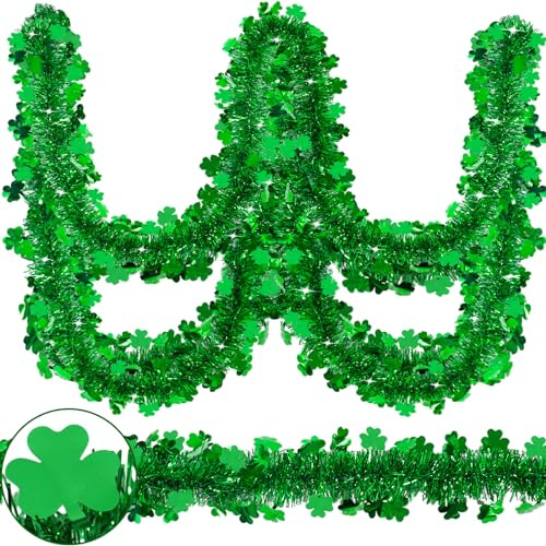 Prashent 2 Pack St Patrick’s Day Tinsel Garland Decoration 66 Feet Hanging Metallic Green Shamrock Garland for Irish Festival Mantle Wall Window Decor