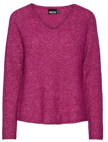 PIECES Women's Pcellen LS V-Neck Knit Noos Bc Jumper, Festival Fuchsia, L