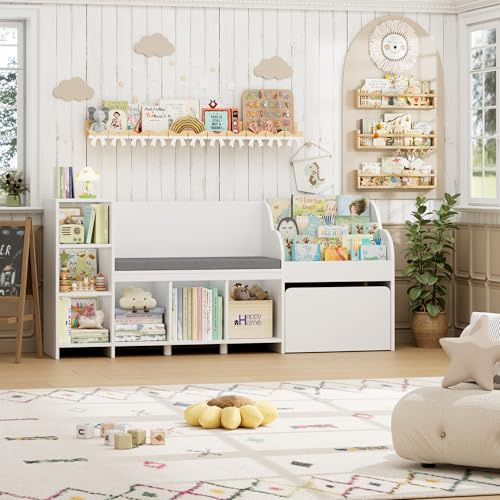 HOSTACK 67 W Kids Reading Nook with Toy Storage Organizer, Large Kids Bookshelf with Toy Storage Box on Wheels, Big Kid Bookcase with Bench and 6 Open Cubbies for Playroom, Kid Room, White