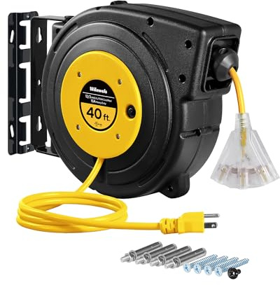 WILAWELS Retractable Extension Cord Reel, 40 FT Heavy Duty Power Cord, 12AWG/3C SJTOW, 3 Grounded Outlets Lighted Triple Tap, 15 Amp Circuit Breaker, UL Listed, Yellow Y40CR06