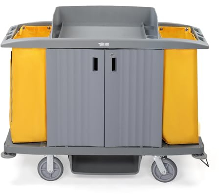 TUFFIOM Industrial Multifunctional Locking Hotel Cart,Commercial Traditional Cleaning Janitorial Room Service Housekeeping Cart, 51 H x 59 W x 20 D,Grey