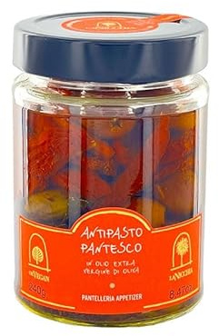 Entrante de Pantelleria con hojas de alcaparra, tomates secados al sol, cucunci en aceite de oliva virgen extra