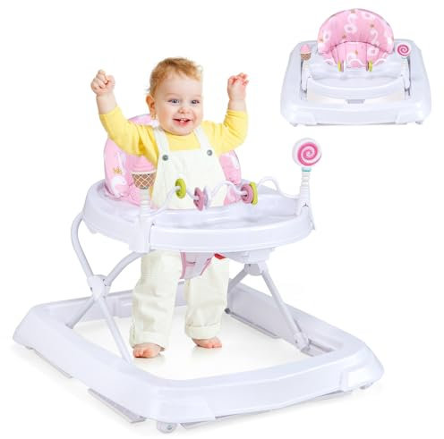 COSTWAY Girello per Bambini, Girello Pieghevole con Ruote, Altezza Regolabile di 3 Livelli, Cuscino del Sedile Rimovibile, per Bambini 6-36 Mesi (Rosa)