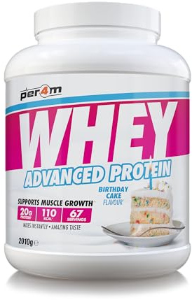 Per4m Whey Protein Concentrée, Prise de Masse et Récupération Musculaire, Acides Aminés Essentiels, Haute Protéine, Faible en Glucides, Complément Fitness Sport – Birthday Cake – 2010g