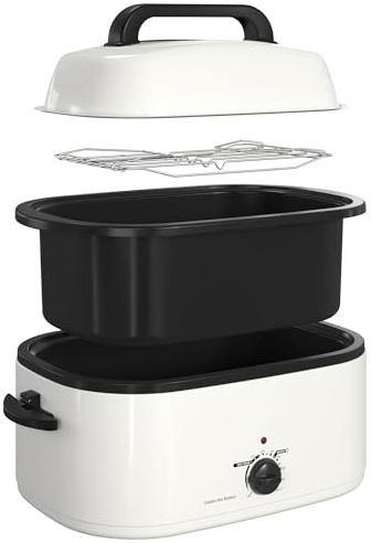 RoyalCraft 24-Quart Electric Roaster Oven with Visible Self-Basting Lid, Turkey Roaster Oven with Removable Pan and Rack, Perfect for Large Meals and Holiday Feasts, White