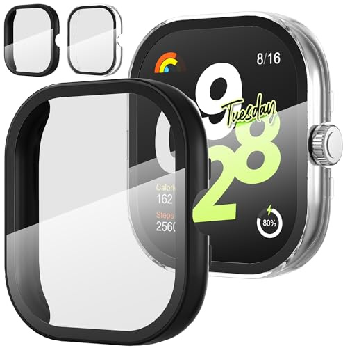 Diruite 2 Piezas Funda para Xiaomi Redmi Watch 4 Carcasa Protector Pantalla Cristal Templado Incorporado,HD Protección Completa PC Dura Carcasa para Xiaomi Redmi Watch 4 Case