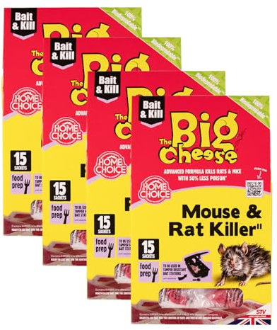 The Big Cheese Bait Block Pasta Sachets - 4 Pack, 60 Total x 10g - Kills Mice and Rats, Pest Control for Kitchen & Food Prep Areas - Rat Killer For Mouse Traps - Super Strength Rat Poisoning