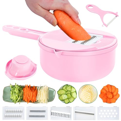 Generic Cortador de mandolina rosa multiusos 7 en 1; picador de alimentos; cortador de verduras (rosa, 11 x 6.7 x 3.35 pulgadas, polipropileno, hoja de acero inoxidable)