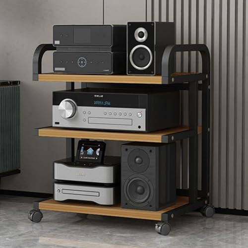 YHWKGZ Audio Rack Hi Fi Regal, Phonoschrank mit beweglichen Rollen, Aus verdickter Holzplatte, Oberseite mit gebogenen Handläufen, for Wohnen/Büro/DJ/Theater(Wood Color)