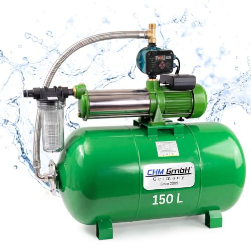 CHM GmbH Hauswasserwerk 150Liter 2100 Watt, max. Druck 7,8 Bar 10.000 L/h Druckschalter einstellbar mit LCD Display Gartenpumpe Edelstahl, Wasserpumpe