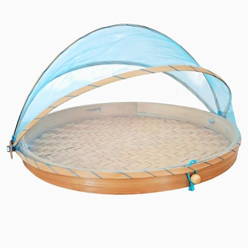 Générique Cloche à Fromage Fruit 25 cm Garde Manger Bambou Corbeille Plateau Fromage Filet Bleu Turquoise Naturel protège Aliments Corbeille à Pain