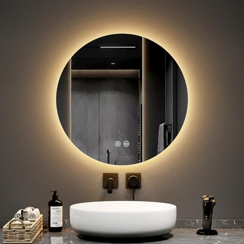 EMKE Badspiegel mit Beleuchtung rund 60cm, 3 Lichtfarbe | Badezimmerspiegel mit dimmbar, Touchschalter, Speicherfunktion, IP44 Schutz, hinterleuchtet badspiegel Rund