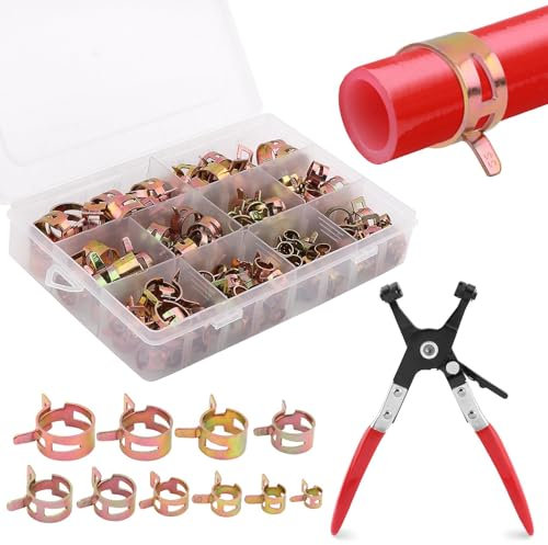 155Pcs 6-22mm Spring Band Hose Clamps,with Swivel Flat Band Fuel Hose Clamp Plier,Hose Clamp Plier Assortment Kit,Low Pressure Spring Hose Clamps Assortment Kit,for Different Hose