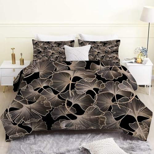 FamHarbor Black Double Duvet, Coverless Duvet with Flax Leaves Pattern, Double Quilt 7.5 Tog for All Seasons, Soft and Comfortable, Lightweight Washable Comforter 200x200 cm, A1842