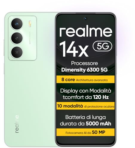 realme 14X 5G Smartphone 8+256 GB, Dimensity 6300 5G, Display da 120 Hz, Resistenza agli urti di grado militare, Fotocamera AI da 50 MP, Batteria di lunga durata da 5000 mAh, Verde T