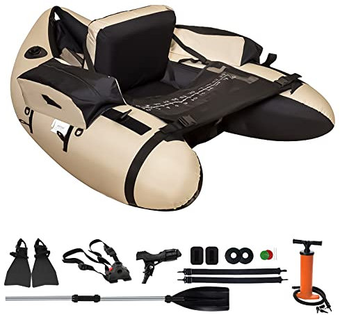 byhsports Professional Schlauchboot, Bellyboot zum Raubfischangeln, 158 kg Tragfähigkeit Angelboot -inkl. Pumpe, Verstellbare Rucksackgurte, Aufbewahrungstaschen, Fischlineal（Beige）