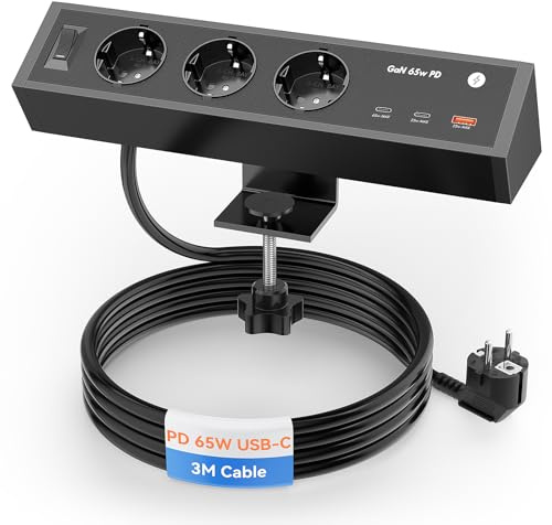 Ohuo Tischsteckdose mit USB C PD 65W, Klemmbare Steckdosenleiste mit USB Schreibtisch, 3 Fach Tischsteckdose mit 2 USB C GaN PD 65W, Aluminum, 3m Kabel