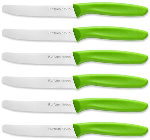 Ruffulon Tomato Knife Set of 6,Serrated Kitchen Knives,Sharp Blade Classic Utility Knife,Stainless Steel Wavy Edge Tomato Knives&Table Knives,Green Plastic Handle Dinner Knifes,Dishwasher Safe