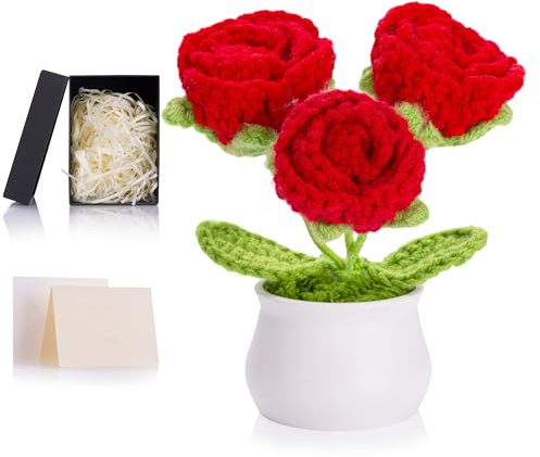 MAIBAOTA Red Roses Crochet Flowers Thank You Teacher Gifts Handmade Forever Rose Knitted Flower Bouquet Potted Plants Cute Small Gifts for Women with Card and Gift Box Desk Decorations