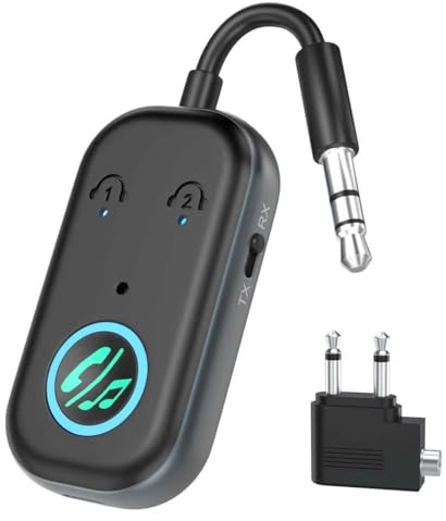 Bluetooth 5.3 Transmitter Receiver, 28H Lange Spielzeit, Dual Connection, 10m Reichweite, Mic für Anrufe, 2-in-1 Wireless Aux Bluetooth Adapter für TV, Flugzeug, Kopfhörer, Airpods, Lautsprecher, Auto