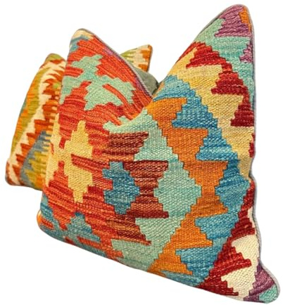Handwoven Kilim Cushion Cover 18x18 inch (45x45 cm), Wool & Cotton Boho Throw Pillow, Geometric Pillow Cover for Sofa, Couch, Bed, Multicoloured Decorative Cushion for Living Room & Home Office