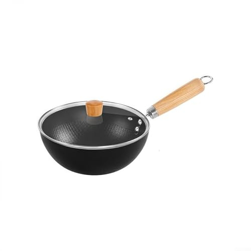 Hasaller Sartenes de hierro fundido sin S-tick Wok con cubierta de vidrio para cocina, cocina, gas, inducción eléctrica, compatible con utensilios de cocina de fondo plano (18 cm)