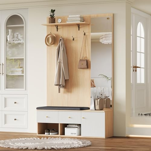 Merax Ensemble de garde-robe muraux, compacts, avec banc à chaussures rembourré, armoire à chaussures, patère, porte-manteau élégant pour entrée, meuble de couloir, couleur bois et blanc