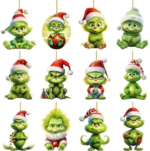 12 Stück Grinch Weihnachtsdeko Anhänger,Grinch Deko Weihnachten,Weihnachten Deko,mit Elastischer Kordel 2D Acryl Anhänger,Weihnachtsbaumschmuck für Partydekoration Geschenke,Weihnachtsanhänger