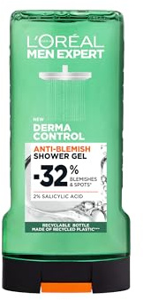 L'Oréal Paris Men Expert Derma Control Gel Douche Anti-Imperfections 300ml | 2% Acide Salicylique, Réduit boutons et marques post-acné, Parfum frais longue durée, Testé cliniquement