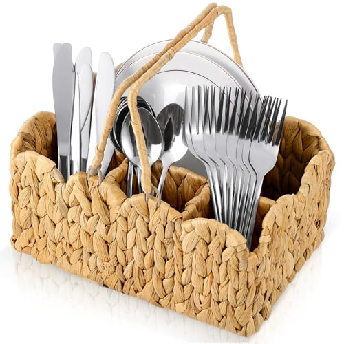 ZUNKNOD Wicker Utensil Caddy Basket, Utensil Holder for Party Flatware Silverware Holder Hand Woven Divided Cutlery Basket Water Hyacinth Kitchen Organizer Storage with Handle for Countertop