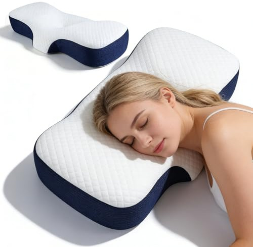 Oreiller Ergonomique, Oreiller Memoire Forme Cervicales, Cervical, Soutien du Cou Profilé, Coussin, Douloureuses Soulagement Convient Au Dormeurs sur Cou Côté Dos Et Ventre, Bleu Marine