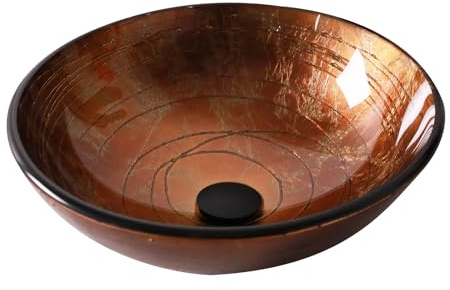 Kichae Round Glass Vessel Sink - 16 x 16 Tempered Glass Bathroom Vessel Sink for Bathroom Vanity, Copper Reflections Above Counter Art Basin with Pop up Drain & Faucet