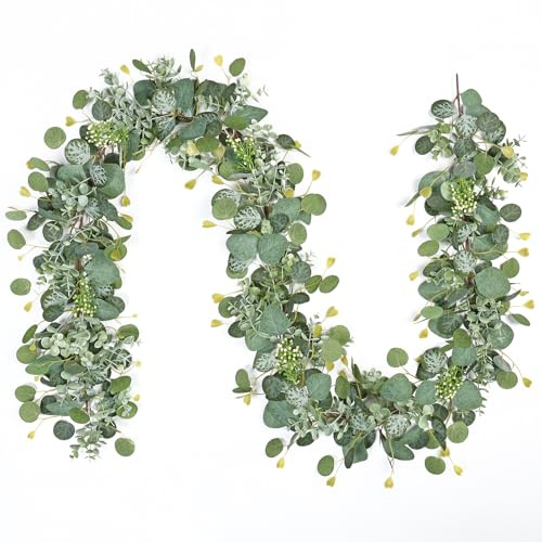 MEIVINES Eucalyptus Garland 5.9Ft Artificial Eucalyptus Leaves Garland | Faux Silver Dollar Eucalyptus Vines with White Seeds Fake Hanging Greenery Vines for Table Wedding Outdoor Decor