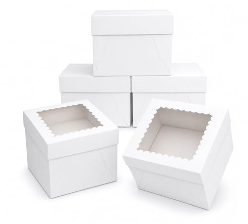 Kviceo 10 Inch Cake Board and Box – 5 Pack 10x10x5 Inch Cake Boxes with Window and Lid – Disposable Bakery Boxes for Cakes, Donuts, Pies, Cookies – No Tray – Birthday, Wedding, Party Supplies