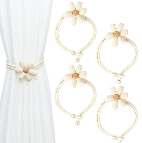 YAXIAO 4 Piezas Sujeta Cortinas con Flores 50cm Curtain Tiebacks Alzapaños Cortinas Cuerda para Oficinas Dormitorio Sala De Estar Habitación Infantil Hogar Decoración de Ventanas de Hotel (Beige)