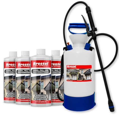 BRESTOL® Algenentferner Pilzentferner Flechtenentferner 4x 1000 ml Konzentrat + 7 Liter Drucksprüher säurebeständig - Grünbelagsentferner Grünbelagentferner